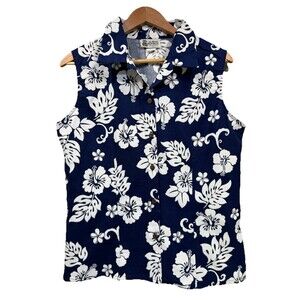 ALOHA REPUBLIC Womens  XL  Hibiscus Floral Hawaiian Shirt Blue Sleeveless VTG